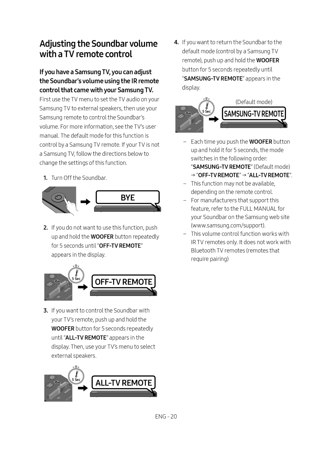 Samsung HW-N550/ZF manual Adjusting the Soundbar volume with a TV remote control, → Off‑Tv Remote → All‑Tv Remote 